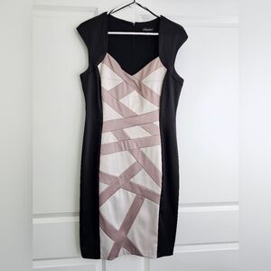 Elegant Black Dress With Cream And Silver Panel Accent.